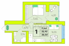 1к,S-38 кв.м, 5/16